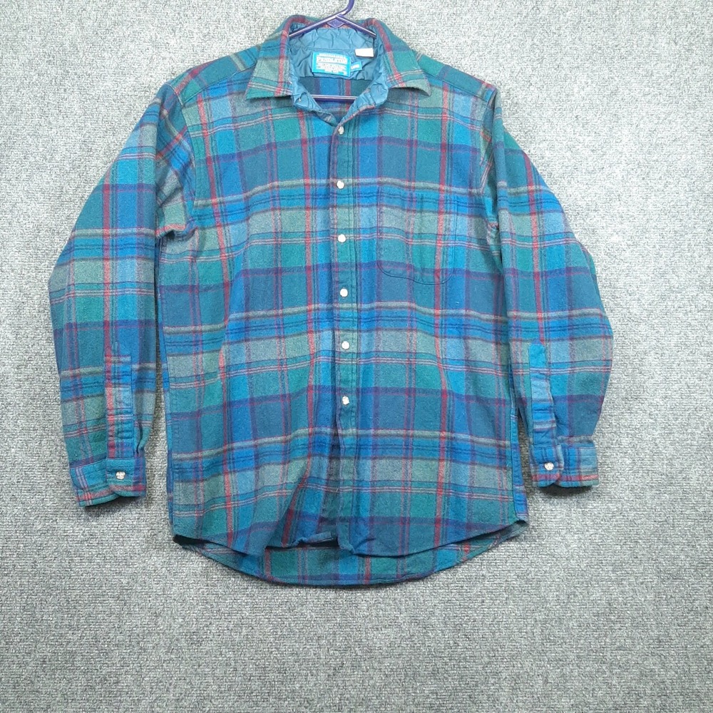 Pendleton Board Shirt RN 29685 Large Long Blue Teal Plaid Mens Wool Button READ